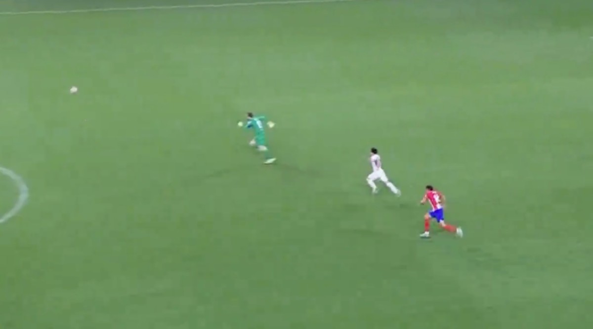 Brahim Diaz pictured (center) moments before scoring a bizarre goal past keeper Jan Oblak (left) during Real Madrid's 5-3 win over Atletico Madrid in the semi-finals of the 2023/24 Supercopa de Espana
